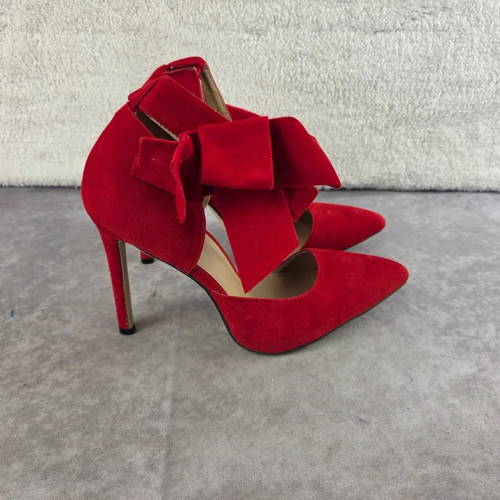 MM Joly Red Faux Suede Pointed Toe Bow Ankle Strap Pumps Stiletto Heels Size 9
